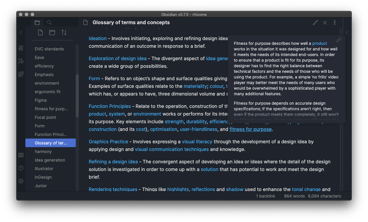 Obsidian on a glossary of design terms page