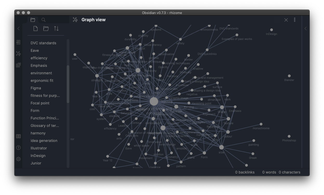 Obsidian in graph mode, showing connections like a spider web