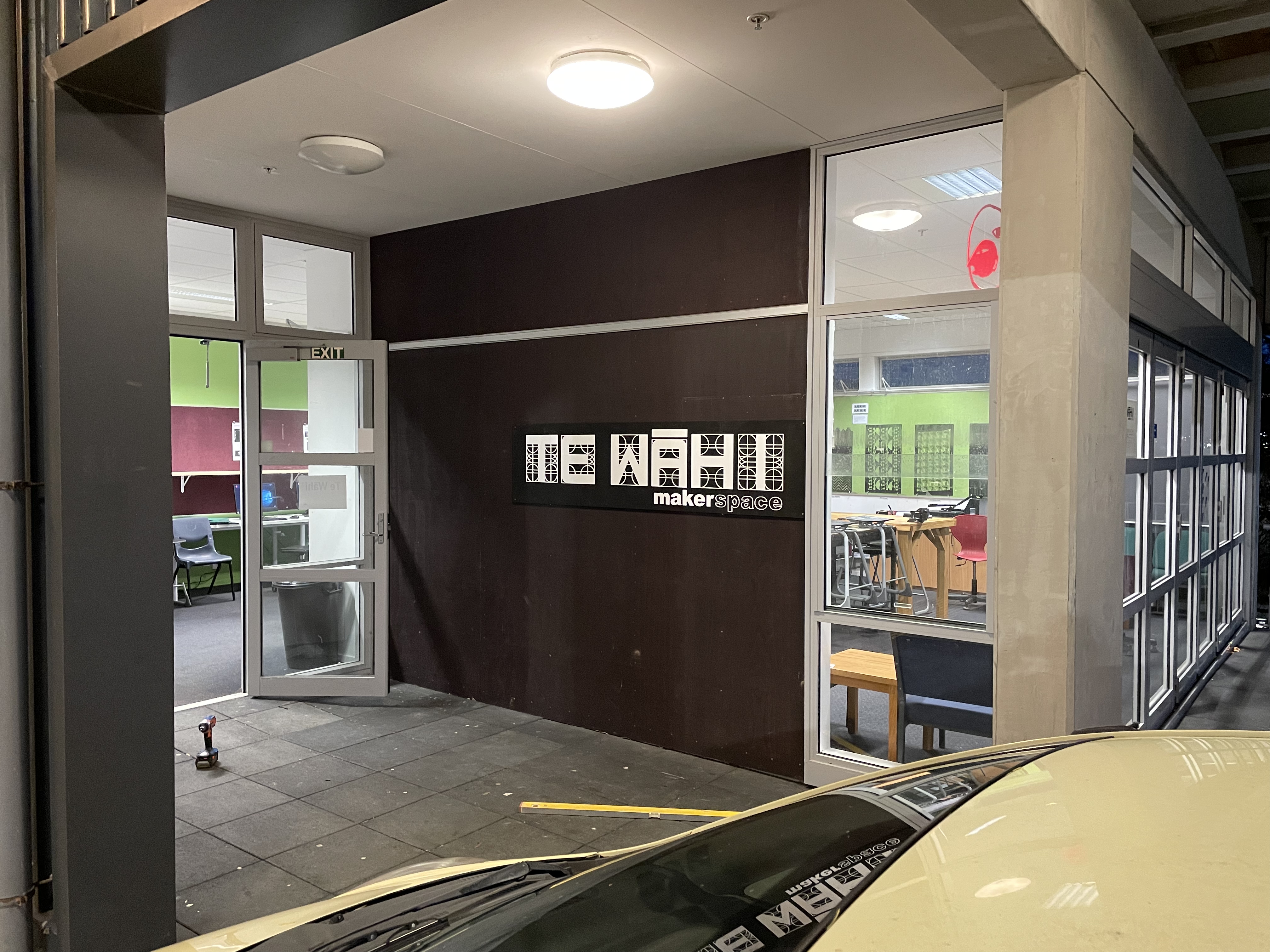Front entrance to the Te Wāhi Auaha Makerspace A photograph of Te Wāhi Auaha Makerspace from the outside entrance
